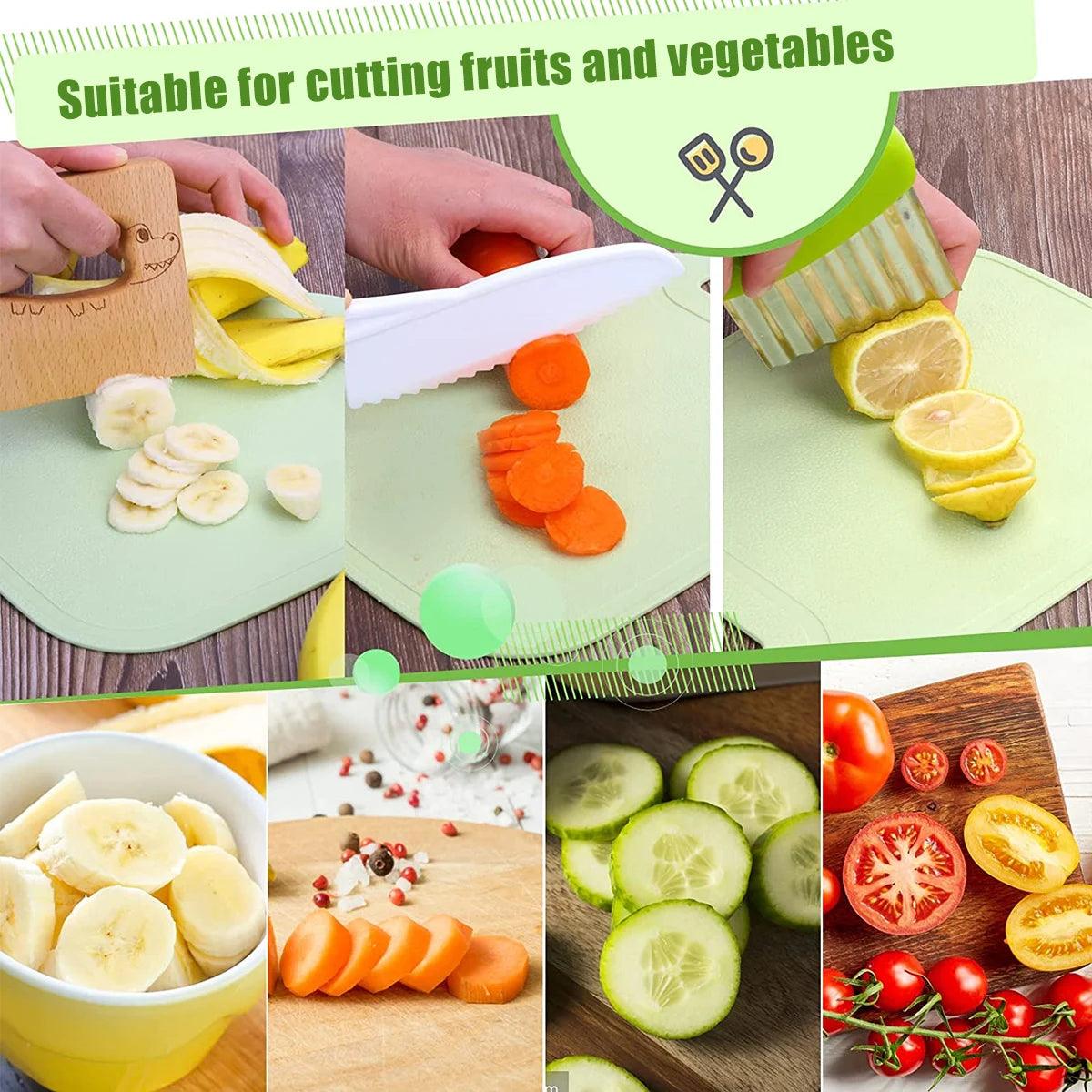 New Kids Cooking Cutter Set Kids Knife Toddler Wooden Cutter Cooking Plastic Fruit Knives to Cut Fruits Crinkle Kitchen Supplies - lojaesperanto