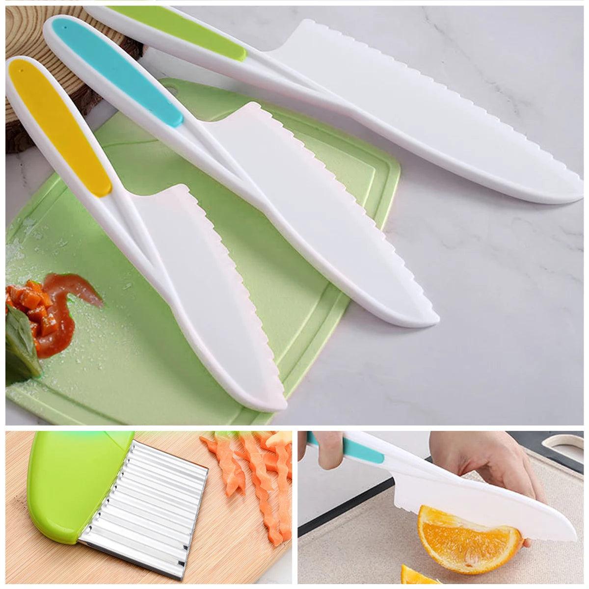 New Kids Cooking Cutter Set Kids Knife Toddler Wooden Cutter Cooking Plastic Fruit Knives to Cut Fruits Crinkle Kitchen Supplies - lojaesperanto
