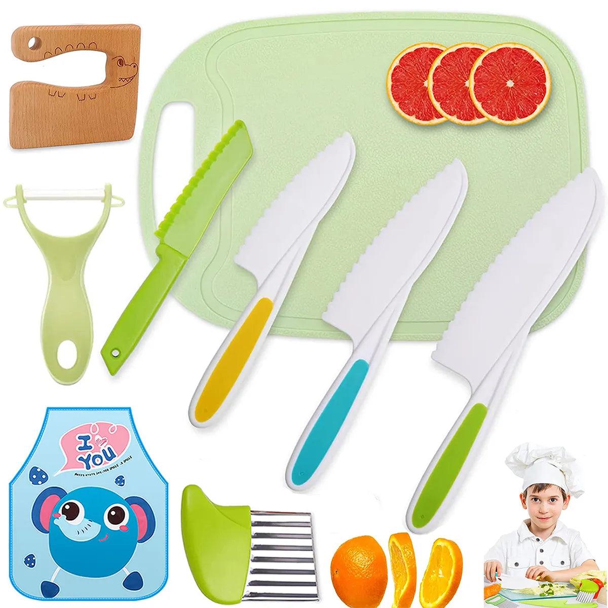 New Kids Cooking Cutter Set Kids Knife Toddler Wooden Cutter Cooking Plastic Fruit Knives to Cut Fruits Crinkle Kitchen Supplies - lojaesperanto