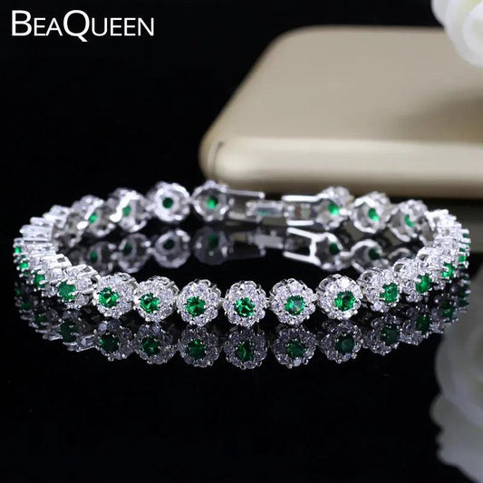 BeaQueen Trendy Green and White Cubic Zirconia Stone Silver Color Tennis Bracelets Dress Jewelry Accessories Gift for Women B100 - lojaesperanto